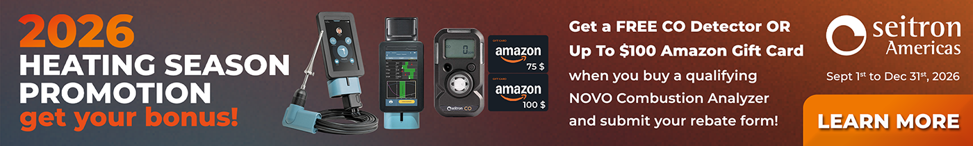 Seitron 2026 Heating Season Promotion - get a free CO detector or up to a $100 Amazon Gift Card with a qualifying NOVO Combustion Analyzer purchase