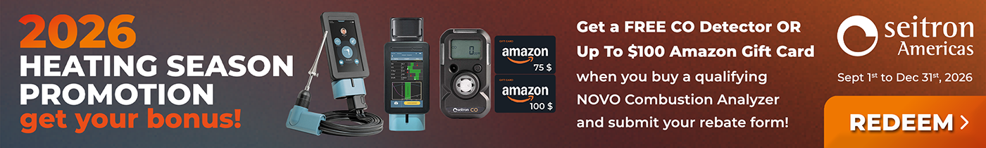 Seitron 2026 Heating Season Promotion - get a free CO detector or up to a $100 Amazon Gift Card with a qualifying NOVO Combustion Analyzer purchase